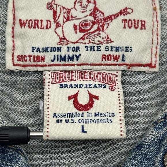 True Religion Jimmy Women's Size Large Light Wash Distressed Denim Jean Jacket - Picture 5 of 10